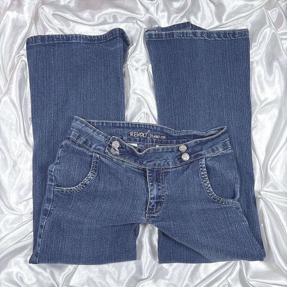 y2k Revolt Jeans Co Flare Denim Blue Excellent Double Button Crossover Low Rise